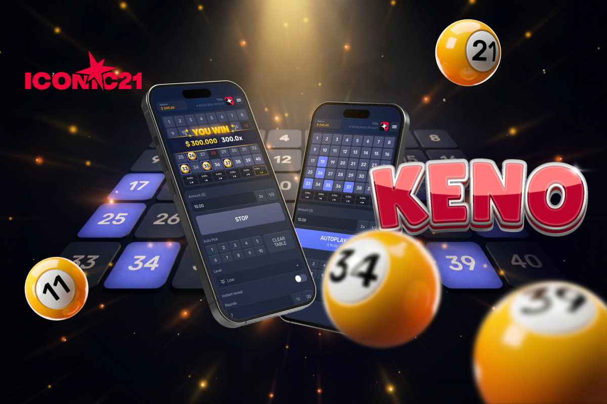 Lottery balls with mobile phones in background and the words Keno to the right