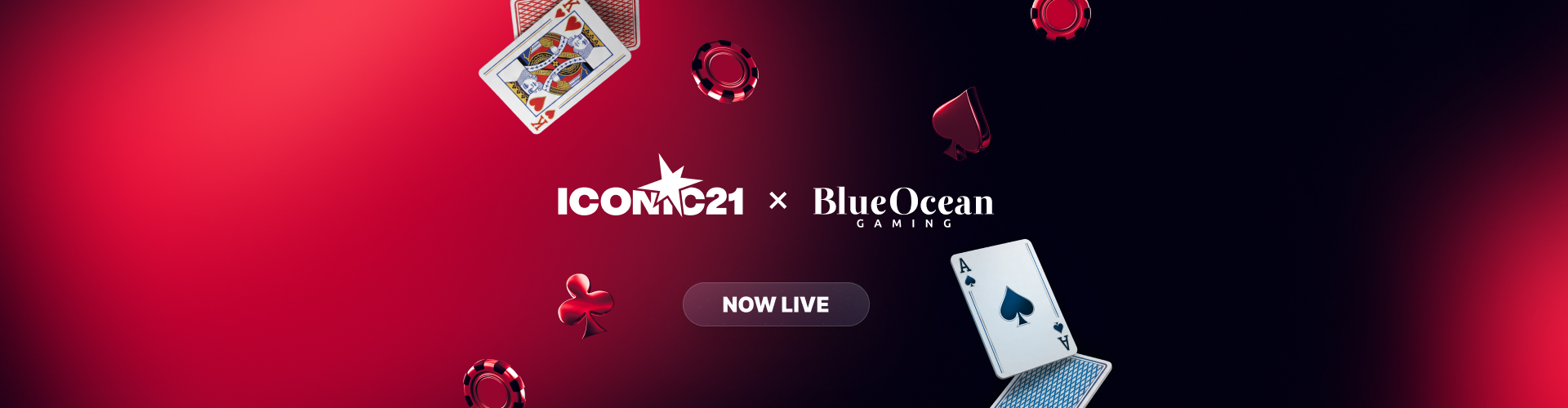 Text saying ICONIC21 x Blue Ocean Gaming Now Live on a red background